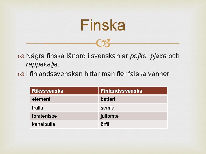 Finska Några finska lånord i svenskan är pojke, pjäxa och rappakalja. I finlandssvenskan hittar