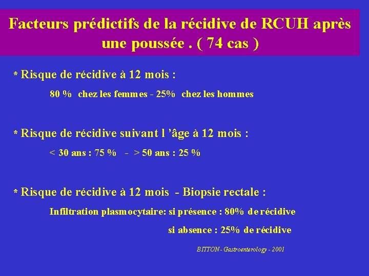 Facteurs prédictifs de la récidive de RCUH après une poussée. ( 74 cas )