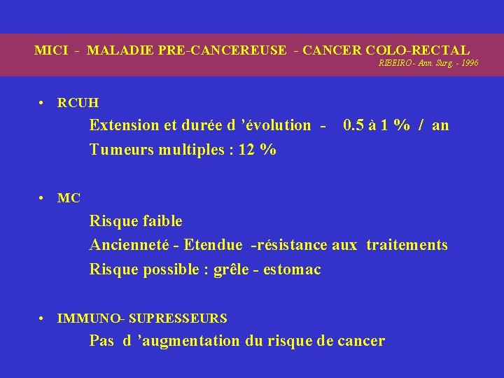 MICI - MALADIE PRE-CANCEREUSE - CANCER COLO-RECTAL RIBEIRO - Ann. Surg. - 1996 •