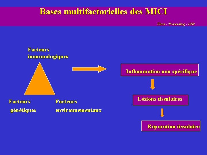 Bases multifactorielles des MICI Elson -¨Proceeding - 1998 Facteurs immunologiques Inflammation non spécifique Facteurs