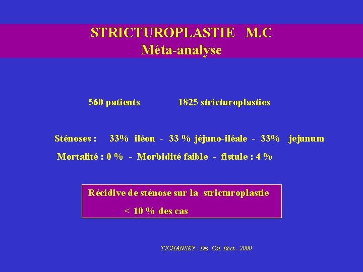 STRICTUROPLASTIE M. C Méta-analyse 560 patients 1825 stricturoplasties Sténoses : 33% iléon - 33