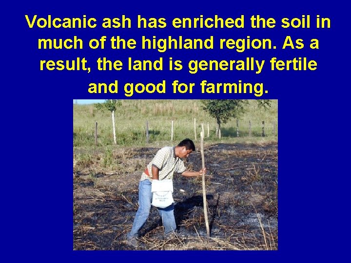 Volcanic ash has enriched the soil in much of the highland region. As a