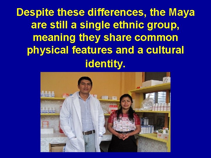 Despite these differences, the Maya are still a single ethnic group, meaning they share
