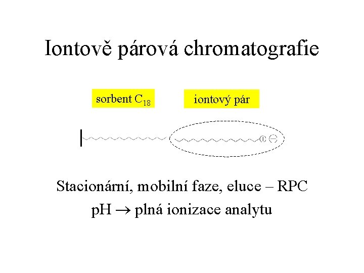 Iontově párová chromatografie sorbent C 18 iontový pár Stacionární, mobilní faze, eluce – RPC