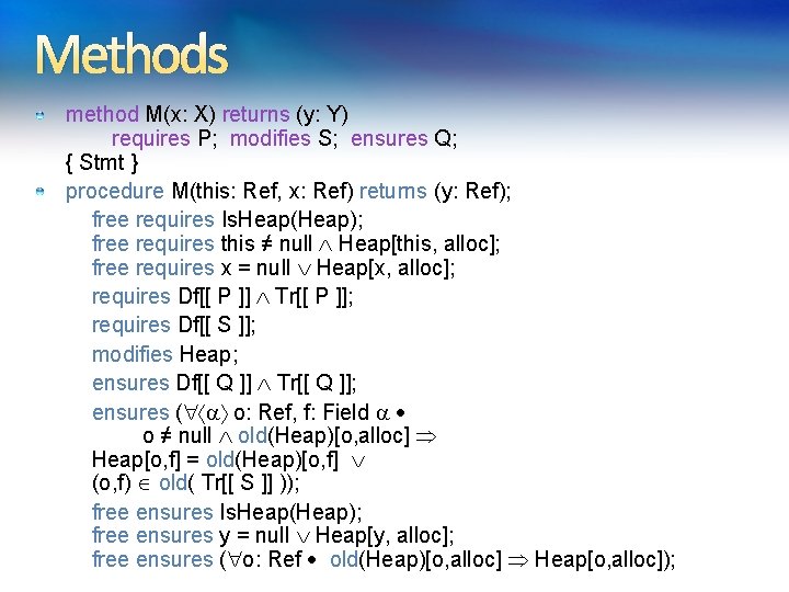 Methods method M(x: X) returns (y: Y) requires P; modifies S; ensures Q; { Methods method M(x: X) returns (y: Y) requires P; modifies S; ensures Q; {