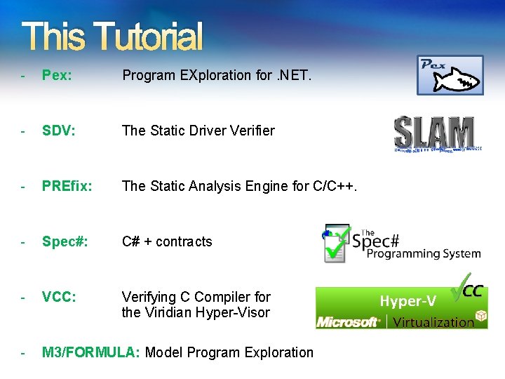 This Tutorial - Pex: Program EXploration for. NET. - SDV: The Static Driver Verifier This Tutorial - Pex: Program EXploration for. NET. - SDV: The Static Driver Verifier