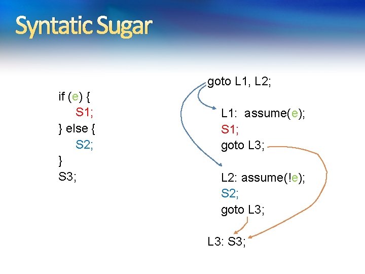 Syntatic Sugar goto L 1, L 2; if (e) { S 1; } else Syntatic Sugar goto L 1, L 2; if (e) { S 1; } else