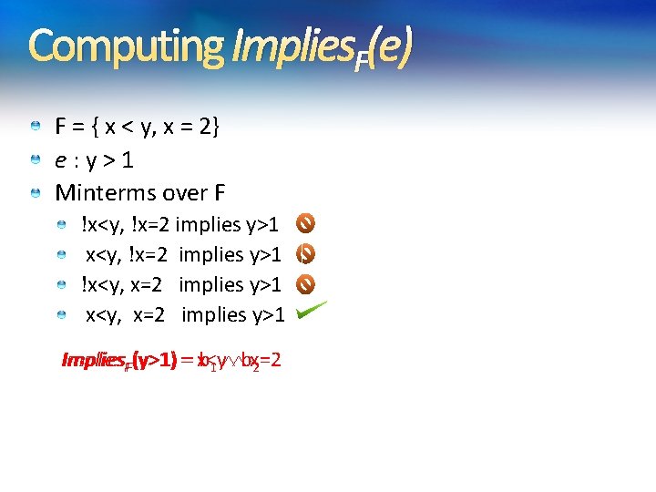 Computing Implies. F(e) F = { x < y, x = 2} e: y>1 Computing Implies. F(e) F = { x < y, x = 2} e: y>1