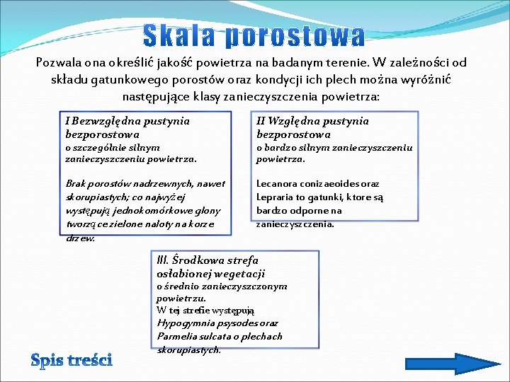 Pozwala ona określić jakość powietrza na badanym terenie. W zależności od składu gatunkowego porostów