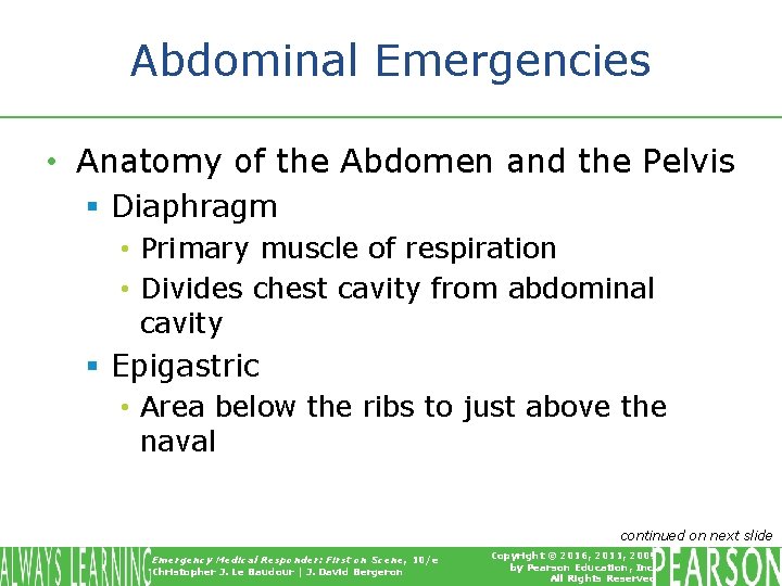 Abdominal Emergencies • Anatomy of the Abdomen and the Pelvis § Diaphragm • Primary