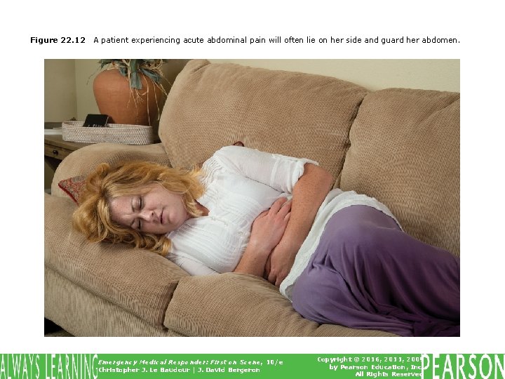 Figure 22. 12 A patient experiencing acute abdominal pain will often lie on her