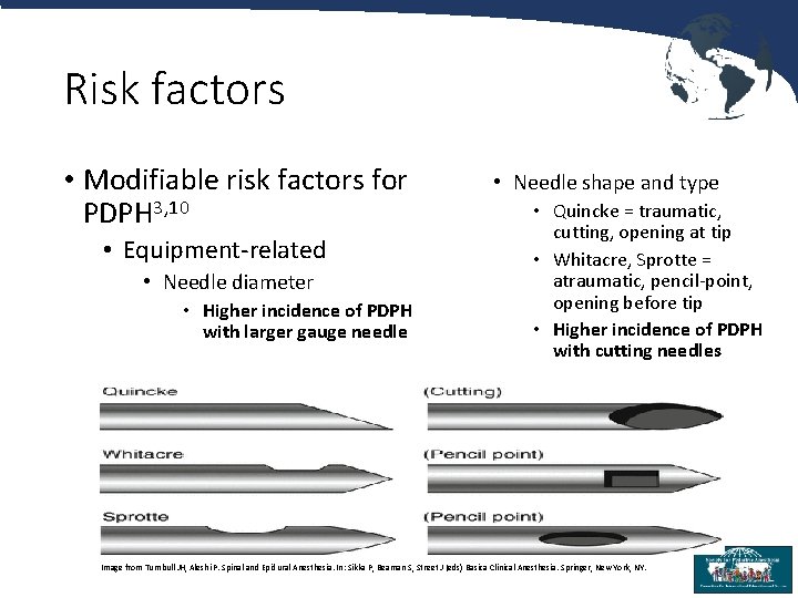 Risk factors • Modifiable risk factors for PDPH 3, 10 • Equipment-related • Needle