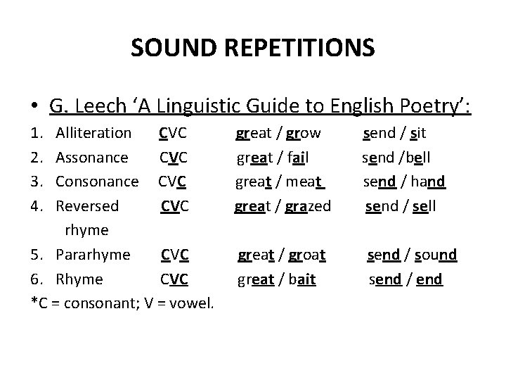 SOUND REPETITIONS • G. Leech ‘A Linguistic Guide to English Poetry’: 1. 2. 3.