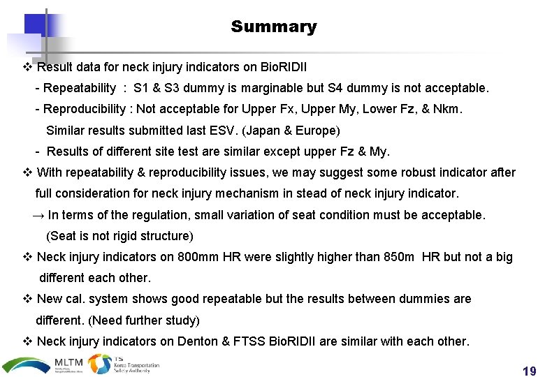 Summary v Result data for neck injury indicators on Bio. RIDII - Repeatability :