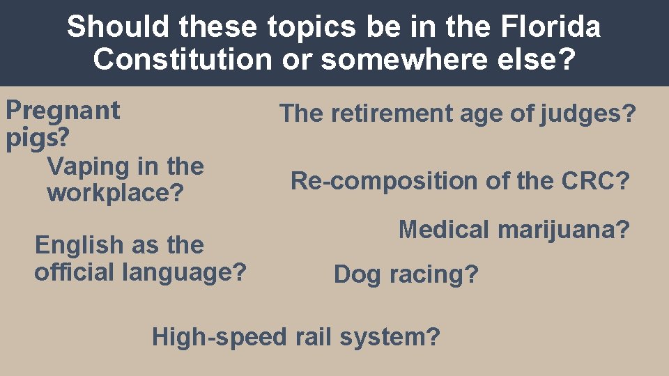 Should these topics be in the Florida Constitution or somewhere else? Pregnant pigs? Vaping