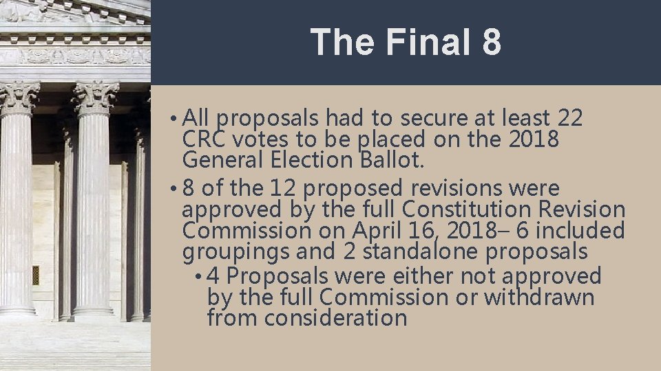 The Final 8 • All proposals had to secure at least 22 CRC votes
