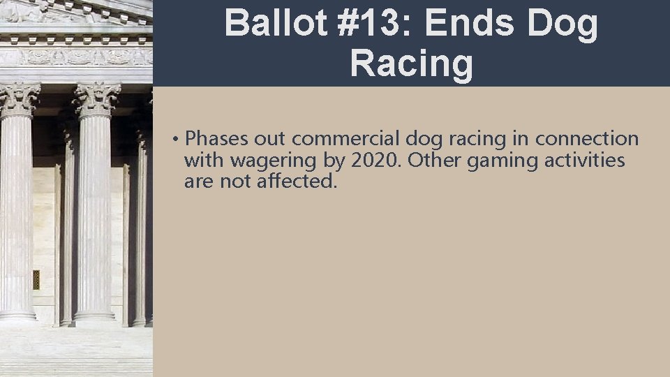 Ballot #13: Ends Dog Racing • Phases out commercial dog racing in connection with