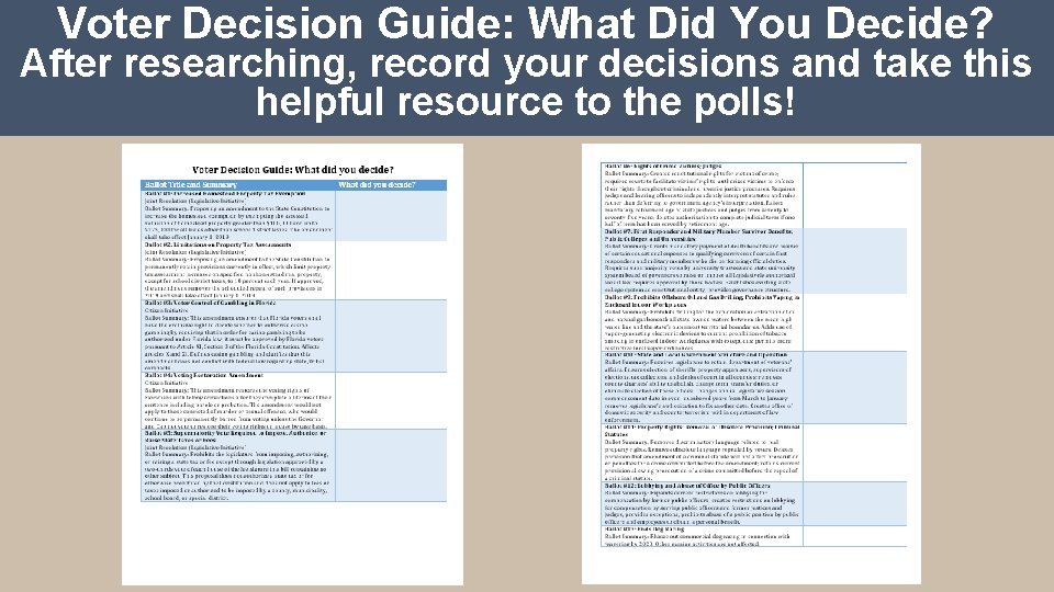 Voter Decision Guide: What Did You Decide? After researching, record your decisions and take