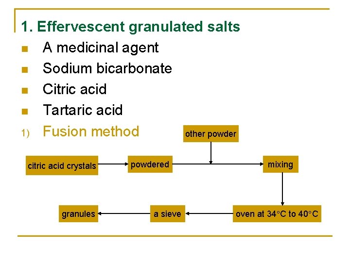 1. Effervescent granulated salts n A medicinal agent n Sodium bicarbonate n Citric acid