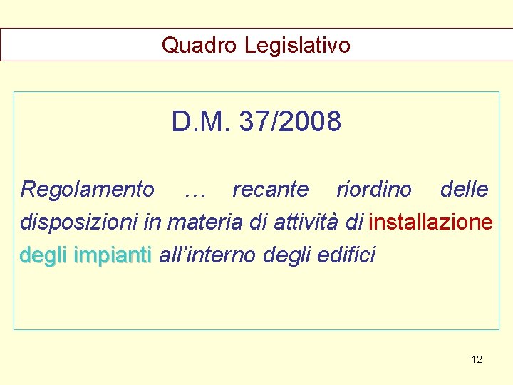 Quadro Legislativo D. M. 37/2008 Regolamento … recante riordino delle disposizioni in materia di