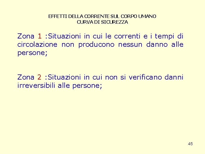 EFFETTI DELLA CORRENTE SUL CORPO UMANO CURVA DI SICUREZZA Zona 1 : Situazioni in