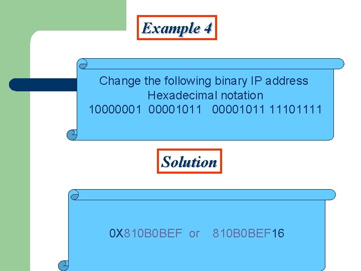 Example 4 Change the following binary IP address Hexadecimal notation 10000001011 11101111 Solution 0