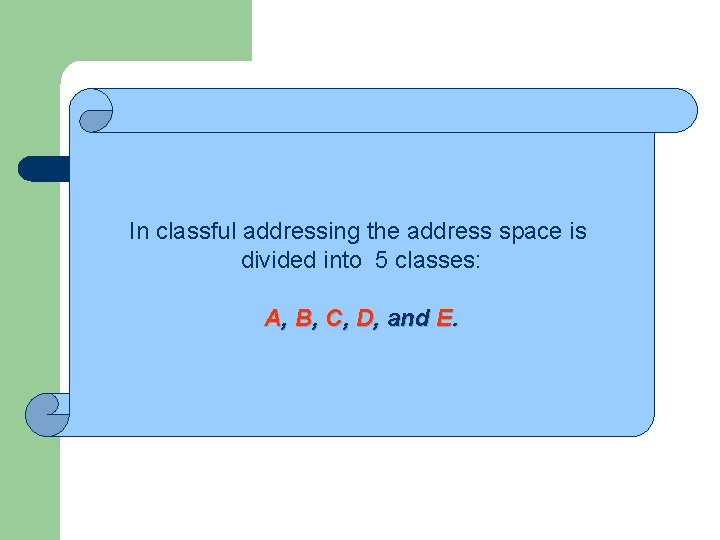 In classful addressing the address space is divided into 5 classes: A, B, C,