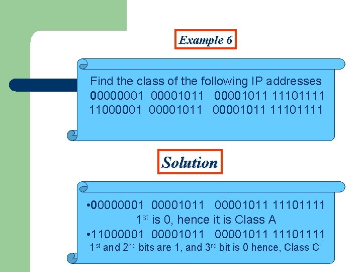 Example 6 Find the class of the following IP addresses 00000001011 11101111 11000001011 11101111