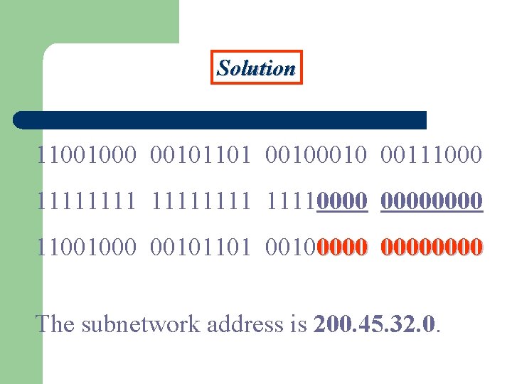 Solution 11001000 00101101 0010 00111000 111111110000 11001000 00101101 00100000 The subnetwork address is 200.
