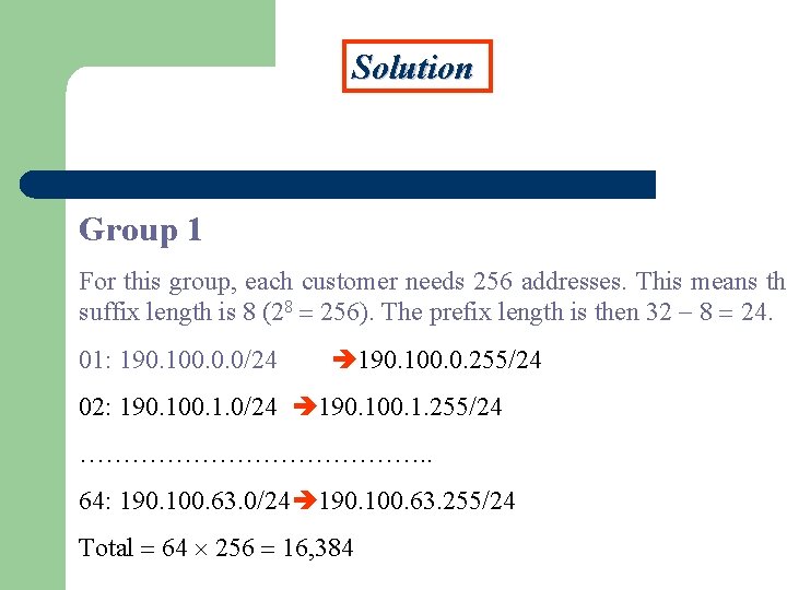 Solution Group 1 For this group, each customer needs 256 addresses. This means the