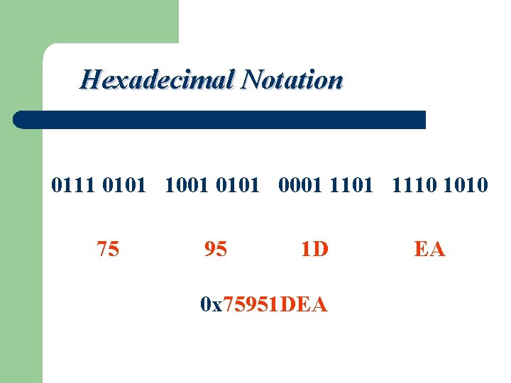 Hexadecimal Notation 0111 0101 1001 0101 0001 1110 1010 75 95 1 D 0