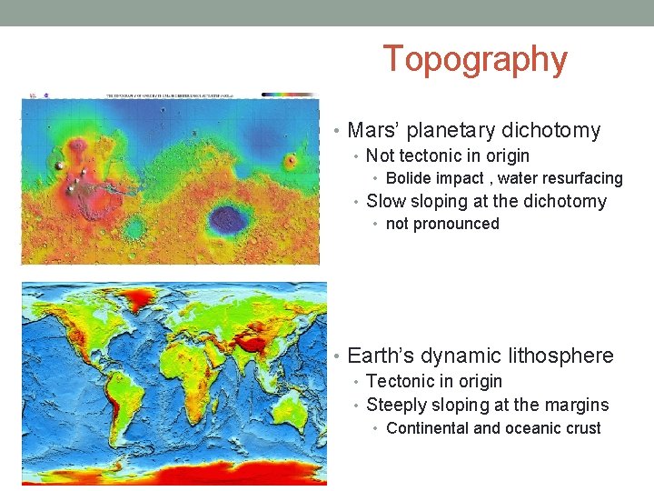 Topography • Mars’ planetary dichotomy • Not tectonic in origin • Bolide impact ,