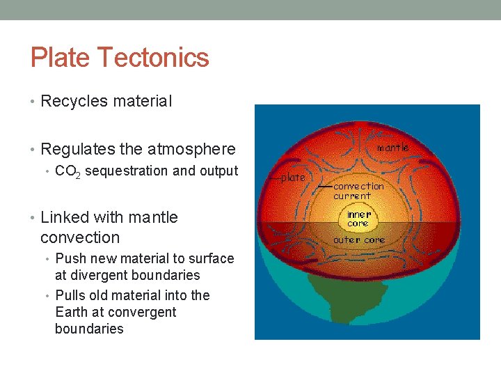 Plate Tectonics • Recycles material • Regulates the atmosphere • CO 2 sequestration and