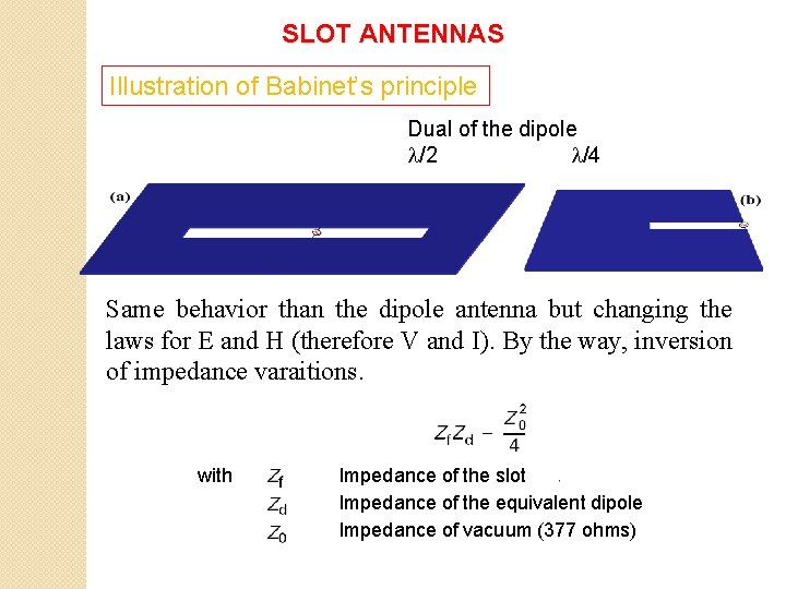 SLOT ANTENNAS Illustration of Babinet’s principle Dual of the dipole l/2 l/4 Same behavior