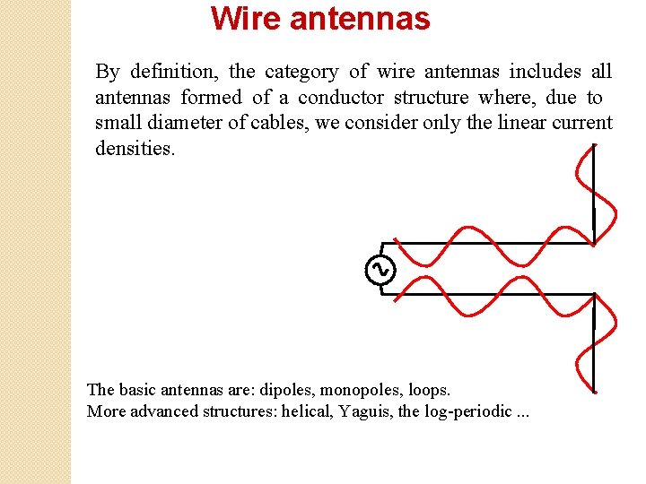 Wire antennas By definition, the category of wire antennas includes all antennas formed of