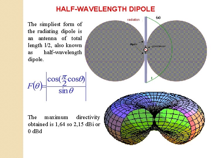 HALF-WAVELENGTH DIPOLE The simpliest form of the radiating dipole is an antenna of total