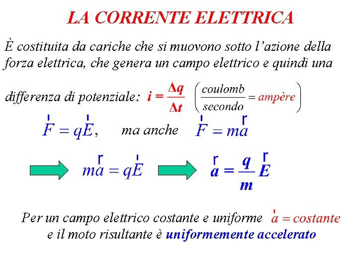 LA CORRENTE ELETTRICA È costituita da cariche si muovono sotto l’azione della forza elettrica,