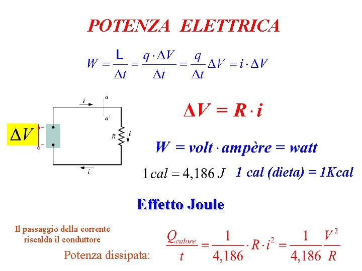 POTENZA ELETTRICA 1 cal (dieta) = 1 Kcal Effetto Joule Il passaggio della corrente