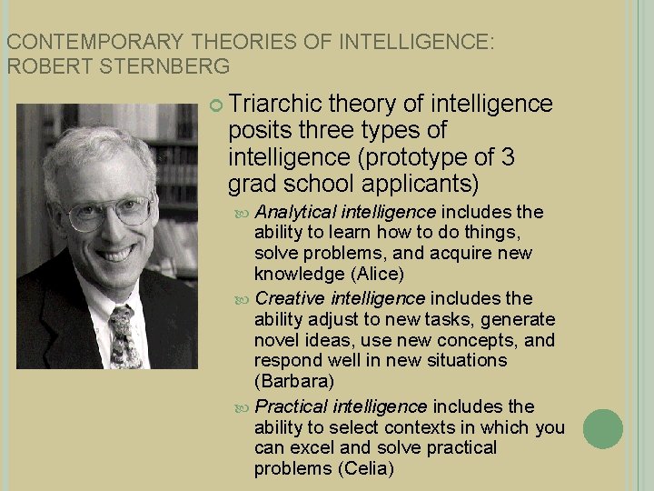 CONTEMPORARY THEORIES OF INTELLIGENCE: ROBERT STERNBERG Triarchic theory of intelligence posits three types of