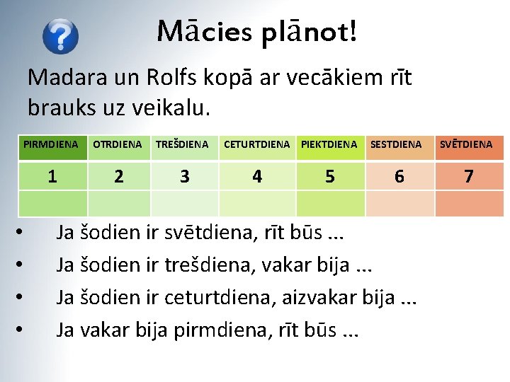 Mācies plānot! Madara un Rolfs kopā ar vecākiem rīt brauks uz veikalu. PIRMDIENA OTRDIENA