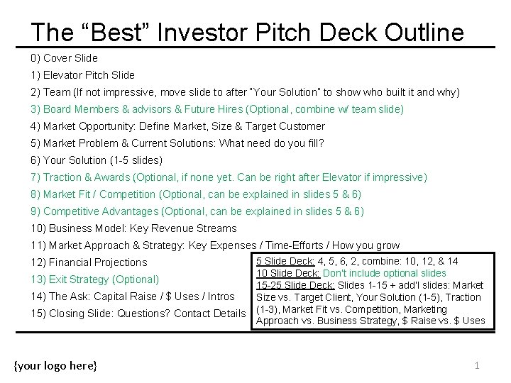 The “Best” Investor Pitch Deck Outline 0) Cover Slide 1) Elevator Pitch Slide 2)