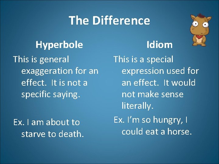 The Difference Hyperbole Idiom This is general exaggeration for an effect. It is not