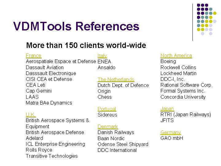 VDMTools References More than 150 clients world-wide France Aerospatiale Espace et Defense Dassault Aviation