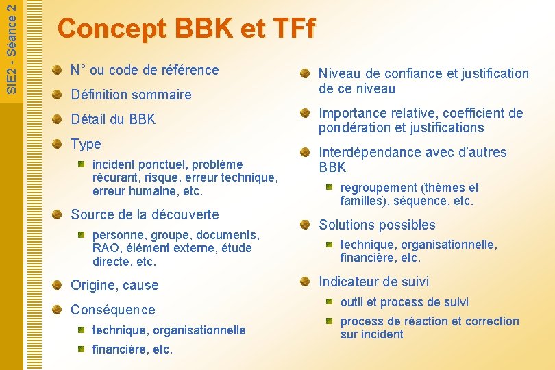  SIE 2 - Séance 2 Concept BBK et TFf N° ou code de