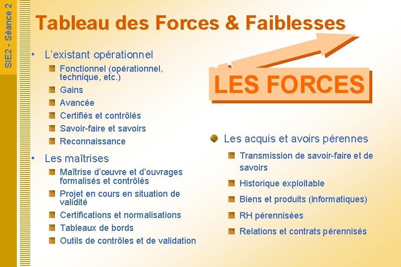  SIE 2 - Séance 2 Tableau des Forces & Faiblesses • L’existant opérationnel