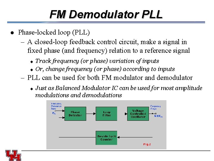 FM Demodulator PLL l Phase-locked loop (PLL) – A closed-loop feedback control circuit, make FM Demodulator PLL l Phase-locked loop (PLL) – A closed-loop feedback control circuit, make
