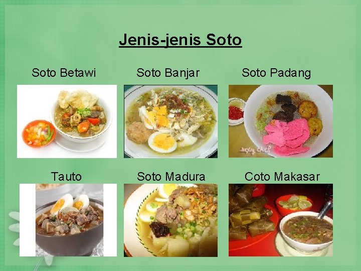 Jenis-jenis Soto Betawi Soto Banjar Soto Padang Tauto Soto Madura Coto Makasar Jenis-jenis Soto Betawi Soto Banjar Soto Padang Tauto Soto Madura Coto Makasar