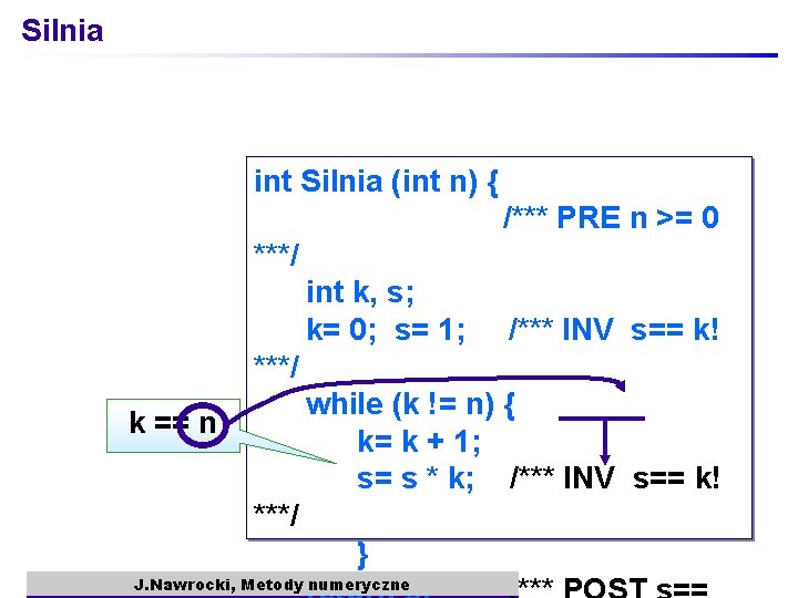 Silnia int Silnia (int n) { /*** PRE n >= 0 ***/ int k,