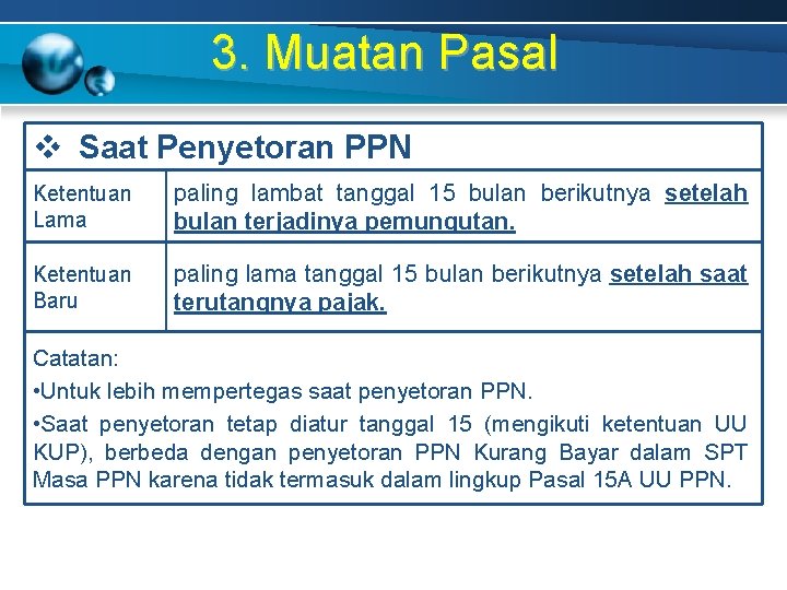 3. Muatan Pasal v Saat Penyetoran PPN Ketentuan Lama paling lambat tanggal 15 bulan