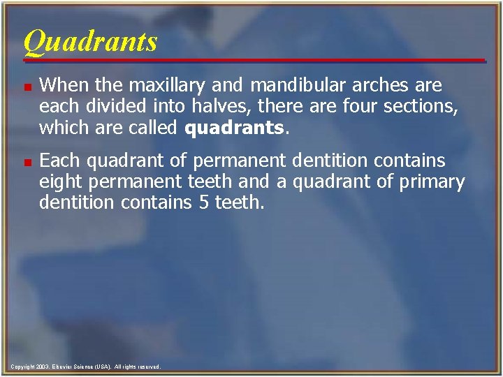 Quadrants n n When the maxillary and mandibular arches are each divided into halves,